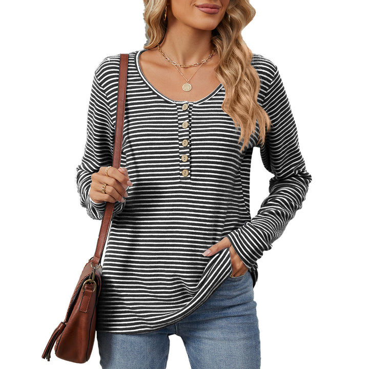 Damen gestreiftes Langarmshirt mit Knopfleiste und lässiger Passform Drune