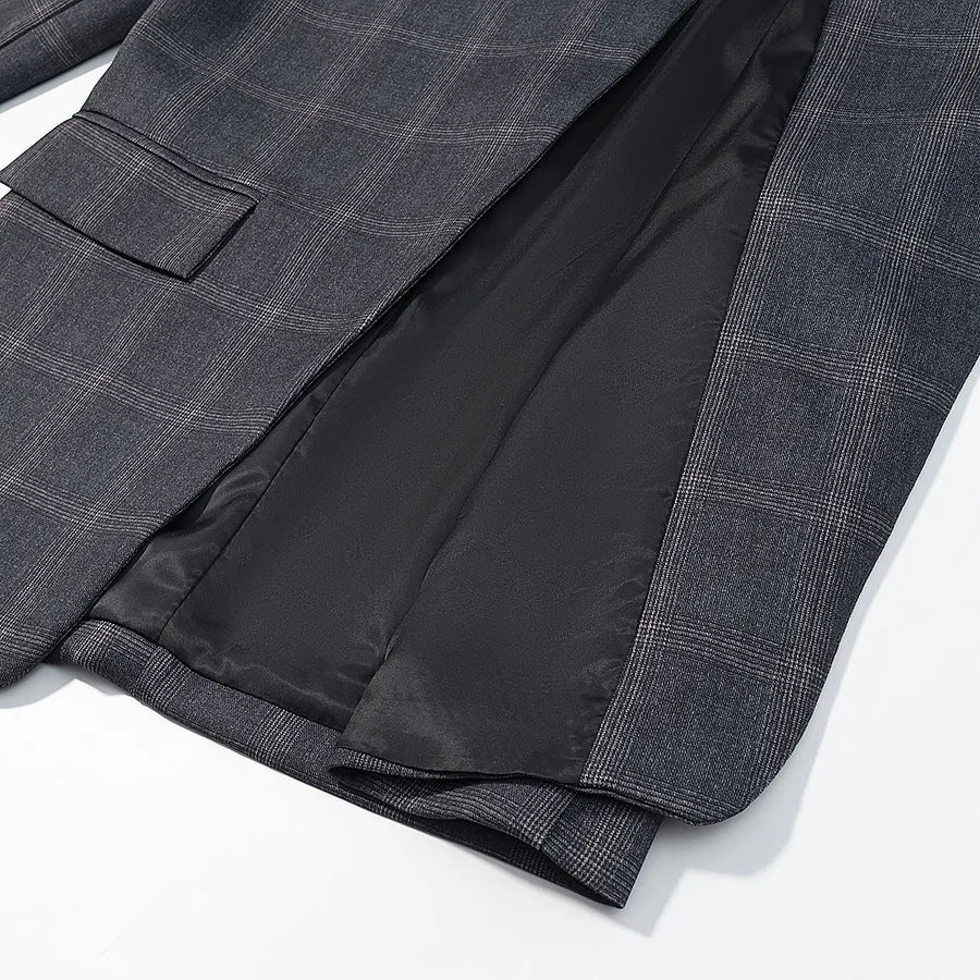 Herren nan asymmetrischer Stehkragenblazer mit Glencheckmuster, verdeckter Überlappungsfront und Pattentaschen Drune