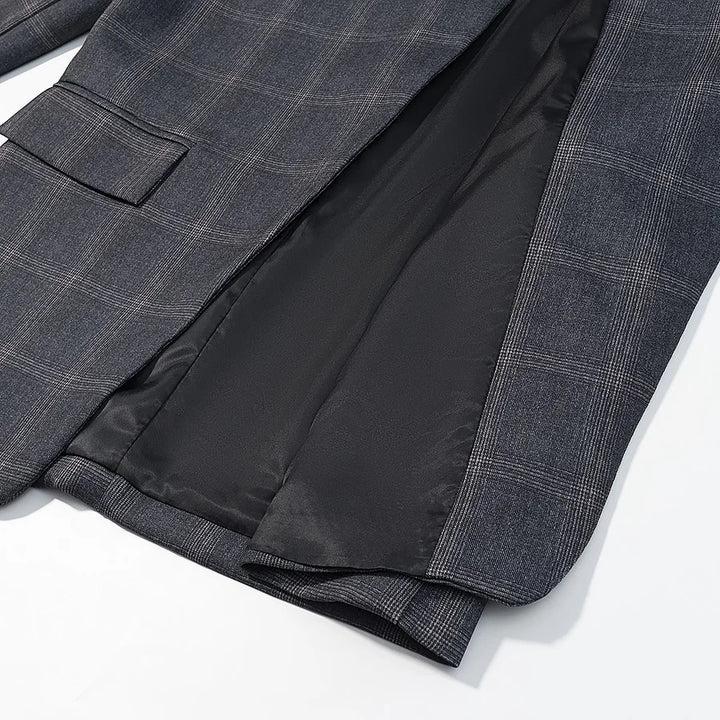 Herren nan asymmetrischer Stehkragenblazer mit Glencheckmuster, verdeckter Überlappungsfront und Pattentaschen Drune