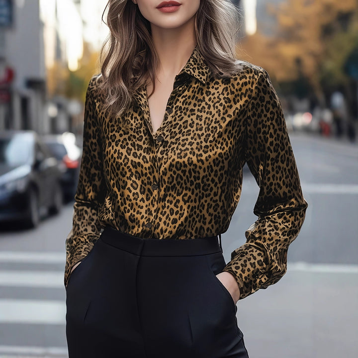 Damen Edle Satinbluse mit Leo-Muster und schlankem Schnitt Drune