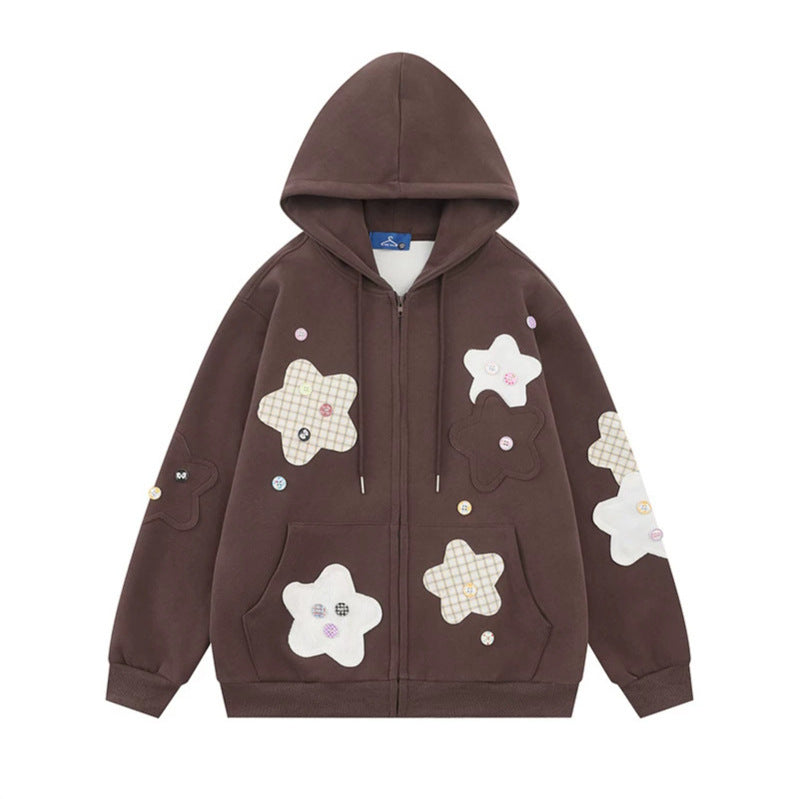 Damen Oversize-Zip-Hoodie mit floralen Stern-Applikationen und Knopf-Details Drune