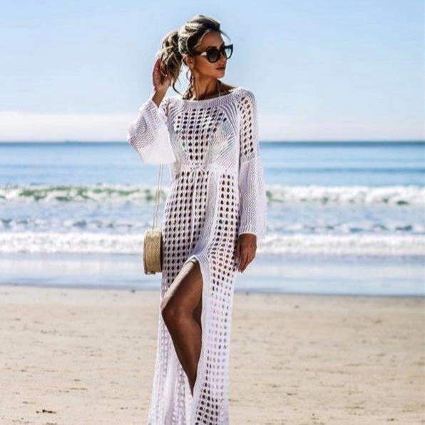 Damen Häkel-Strandkleid mit tiefem V-Ausschnitt und voluminösen Ärmeln Drune