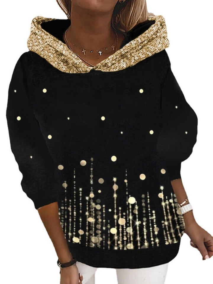 Damen Halloween Kapuzenpullover mit Kürbis- und Katzenprint, Paillettenbesatz und Oversize-Schnitt Drune