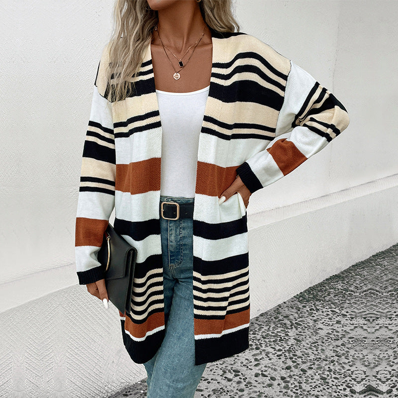 Damen Oversize Strickcardigan mit Blockstreifen, offener Front und langen Ärmeln Drune