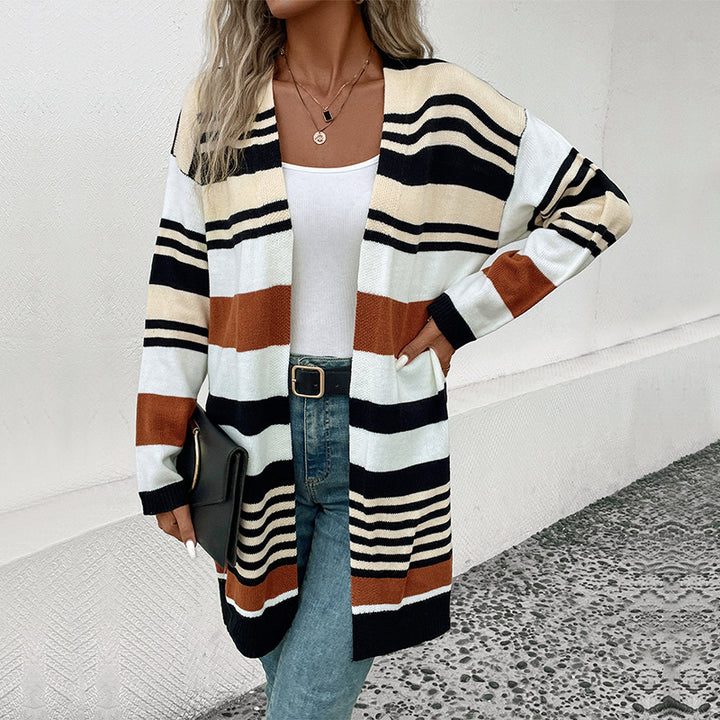 Damen Oversize Strickcardigan mit Blockstreifen, offener Front und langen Ärmeln Drune