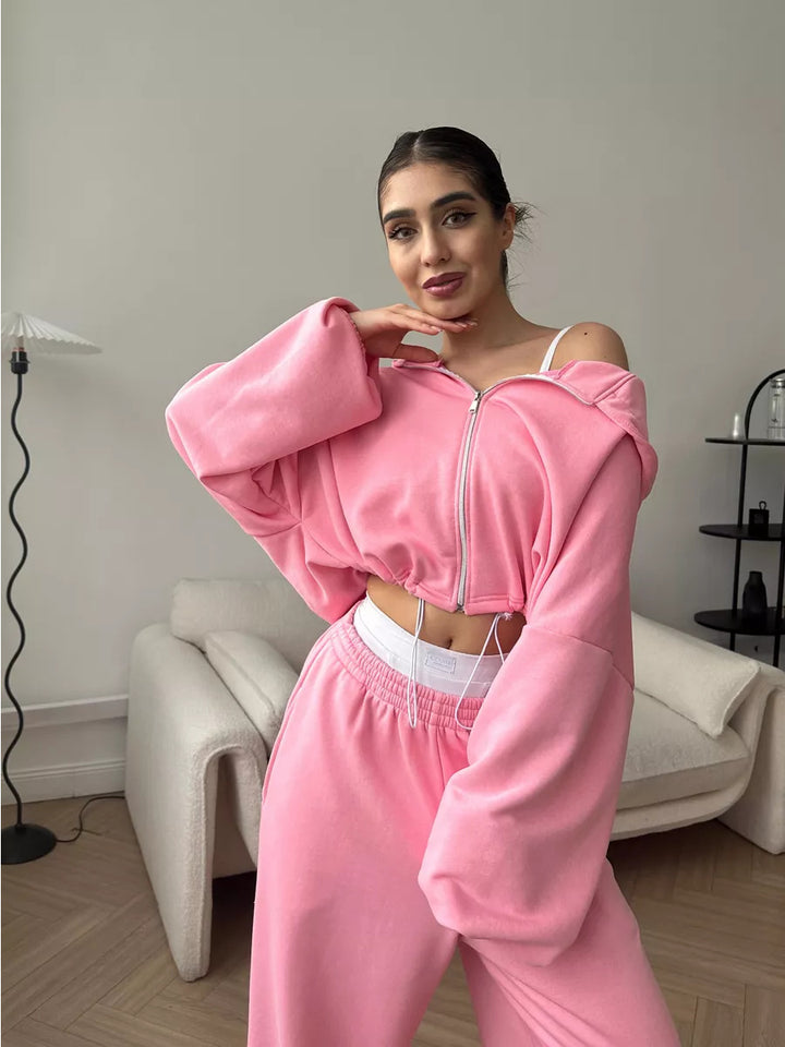Damen kurzes Kapuzenzipper-Lounge-Set mit oversized Ärmeln und weitem Jogginghose-Schnitt Drune