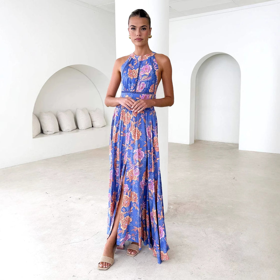 Damen Maxikleid mit hochgeschlossenem Ausschnitt und floralen Akzenten Drune