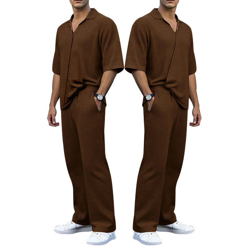 Herren nan feinstrukturierter Zweiteiler mit offenem Polokragen Kurzarmshirt und gerader Komfortbundhose Drune
