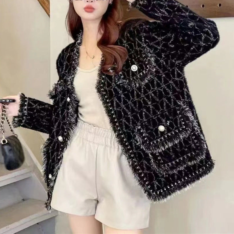 Damen Flauschige Strickjacke mit eleganten Knopfdetails und dekorativem Saum Drune