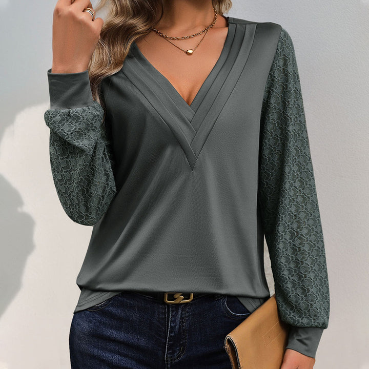 Damen Elegantes V-Ausschnitt Oberteil mit Spitzenärmeln Drune