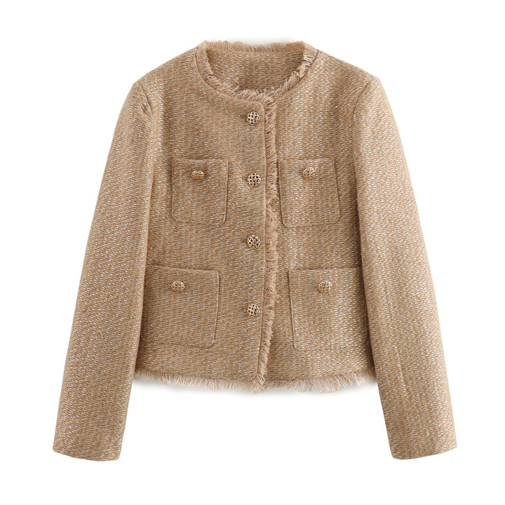 Damen nan kastiger Bouclé-Blazerjacke mit dekorativen Flechtknöpfen, aufgesetzten Taschen und fransiger Saumkante Drune