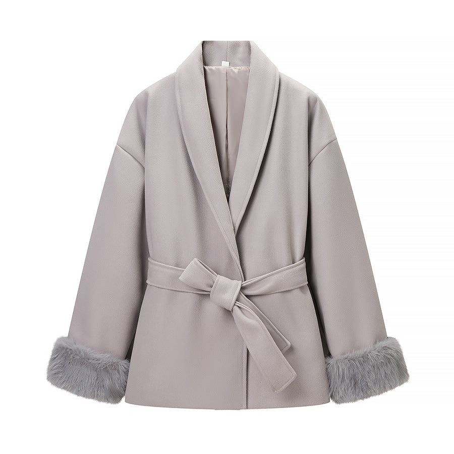 Damen Modische Jacke mit weich gefüttertem Kragen und Bindegürtel Drune