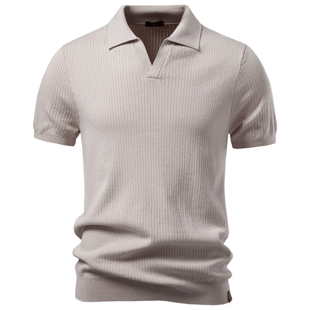 Herren nan fein geripptes Kurzarm-Poloshirt mit offenem Kentkragen Drune