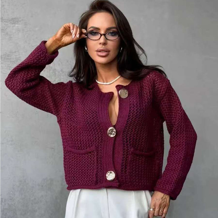 Damen Netzstrickjacke mit praktischen Taschen und dekorativen Knöpfen Drune