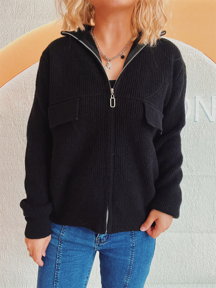 Damen modische Strickjacke mit hohem Kragen und praktischen Taschen Drune