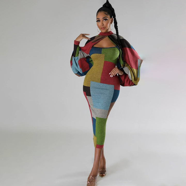 Damen Figurbetontes Patchwork-Kleid mit Überwurf Drune