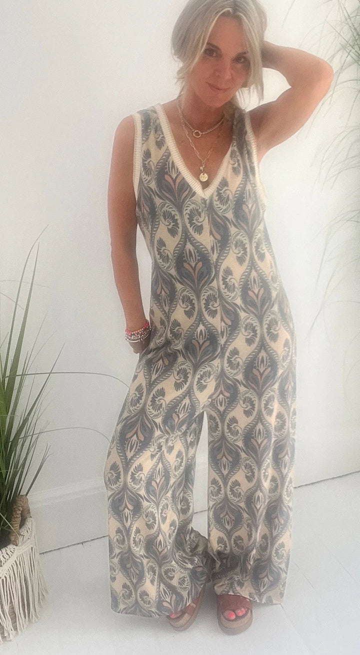 Damen Jumpsuit mit weitem Bein und elegantem Blattmuster Drune