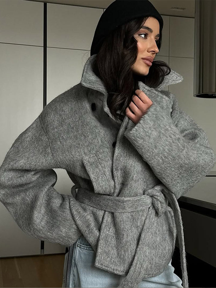 Damen Oversized Wolljacke mit Bindegürtel und lässigem Schnitt Drune