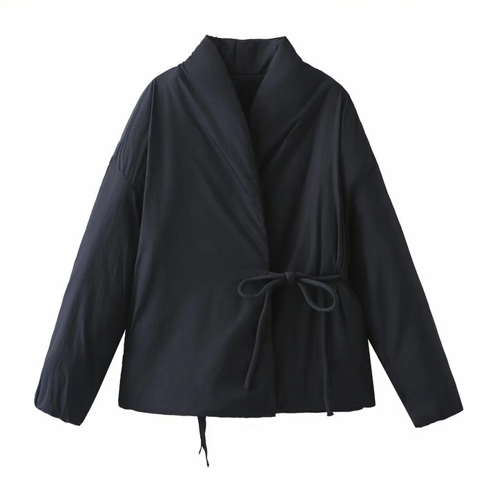 Damen nan taillierte Wickeljacke mit Schalkragen, Bindegürtel und kastigen Ärmeln Drune