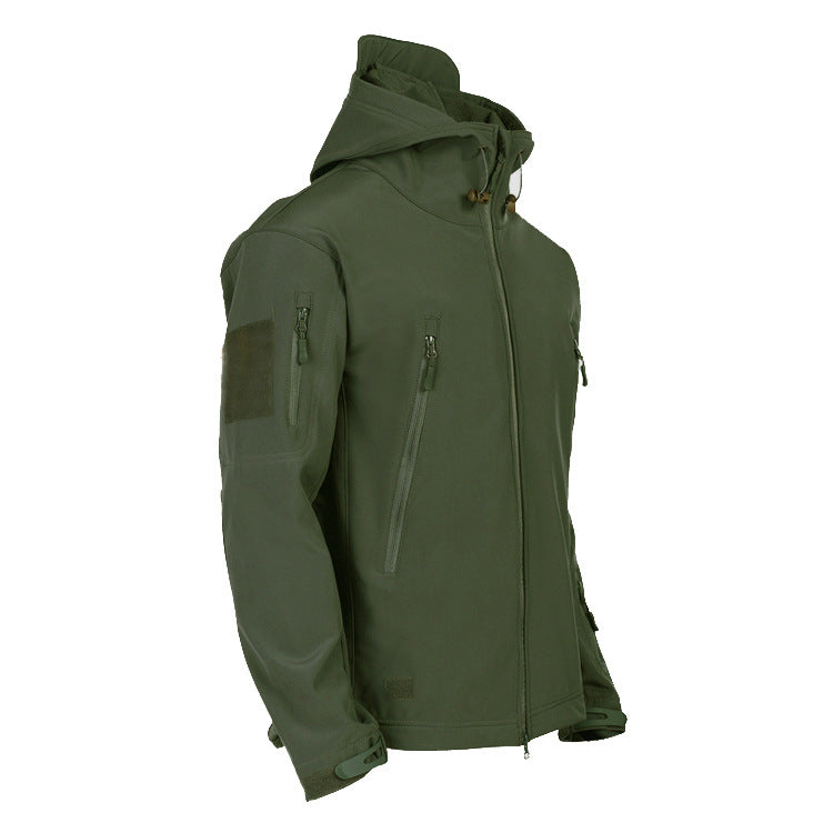 Herren taktische Softshelljacke mit Kapuze, Tarnmuster und ergonomischem Stretchschnitt Drune