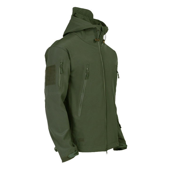 Herren taktische Softshelljacke mit Kapuze, Tarnmuster und ergonomischem Stretchschnitt Drune