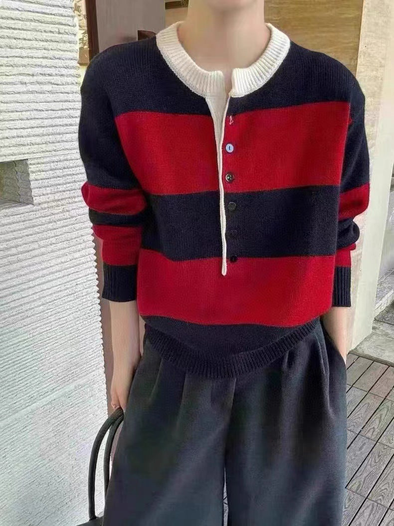 Damen kurzärmliger Strickpullover mit Knopfleiste und Kontraststreifen Drune