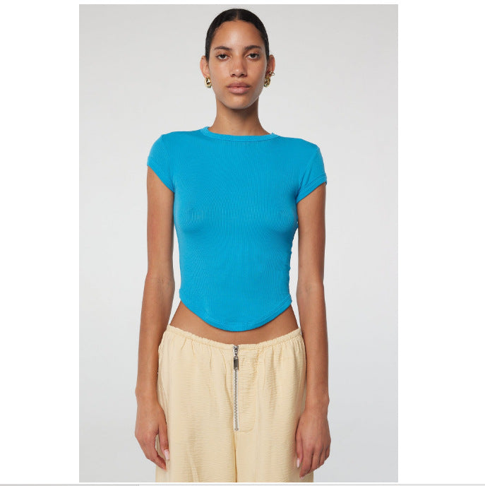 Damen körpernahes Kurzarm-Shirt mit Rundhalsausschnitt Drune
