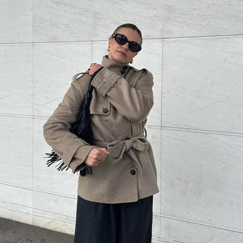 Damen Kurz-Mantel im Trench-Stil mit Bindegürtel und Stehkragen Drune