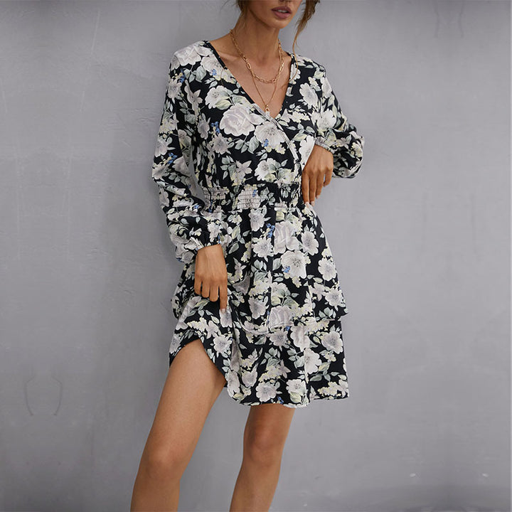 Damen Florales Minikleid mit Wickeloberteil, Smok-Taillenband und Stufenrock Drune