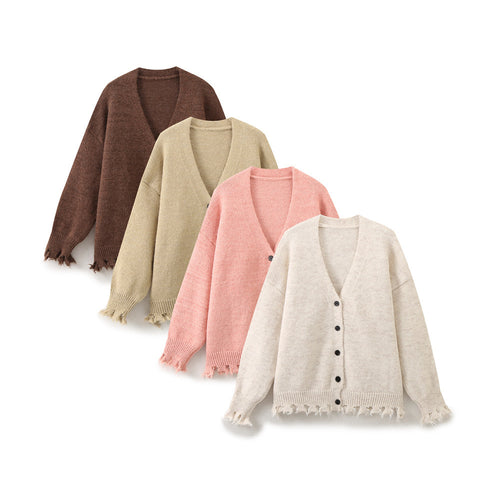 Damen lässige Strickjacke mit fransigem Saum und knöpfbarem Verschluss Drune