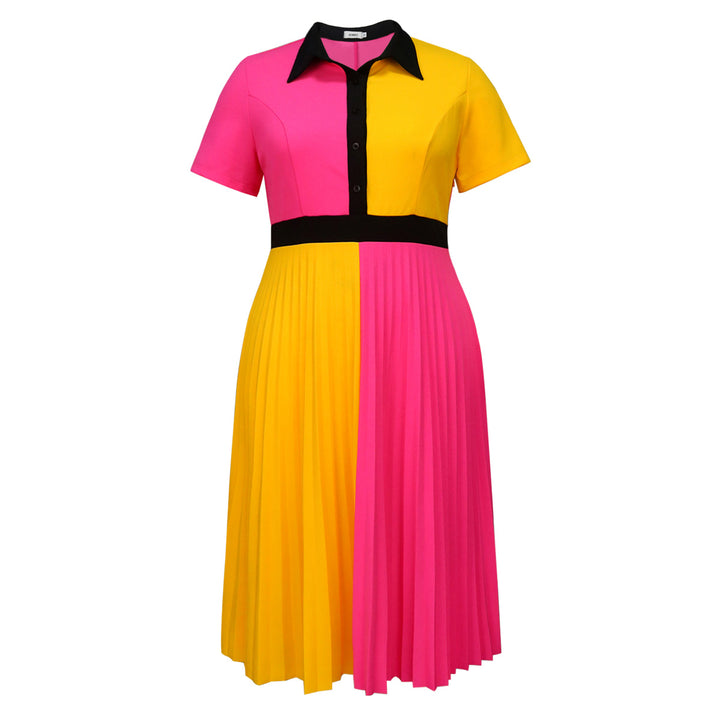 Damen plissiertes Kleid mit Umschlagkragen und kontrastierenden Farbblöcken Drune