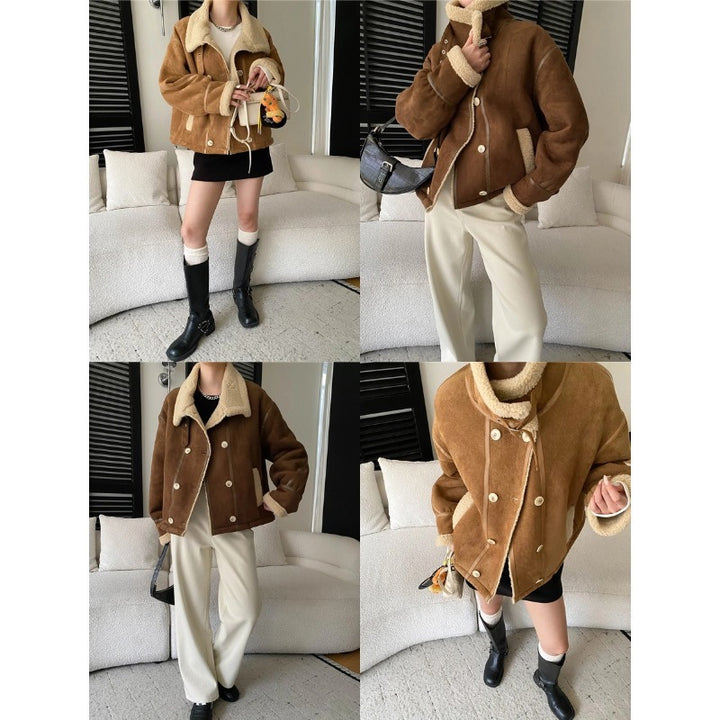 Damen lässige Fleecejacke mit umschlagbarem Kragen und Knopfdetails Drune