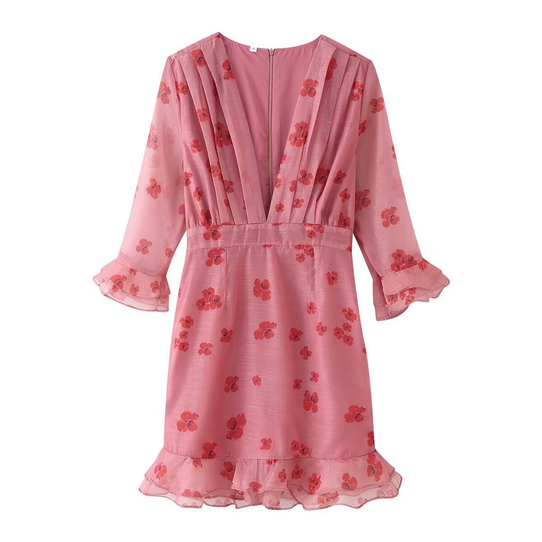 Damen Chiffon-Minikleid mit plissiertem Dekolleté, transparenten Volantärmeln und ausgestelltem Saum Drune