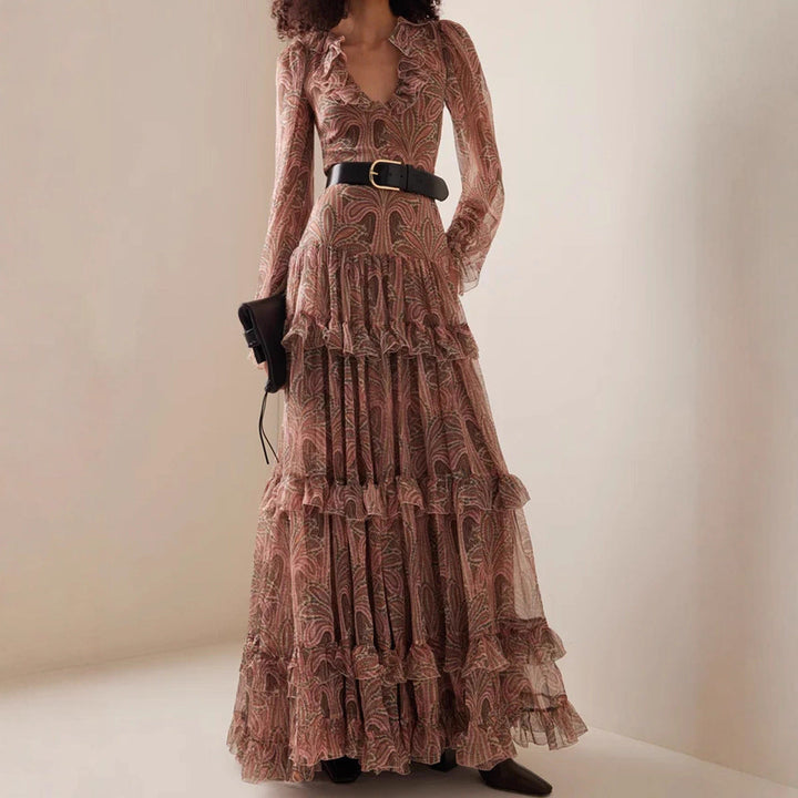 Damen Maxikleid mit rüschenverziertem Gewebe und elegantem V-Ausschnitt Drune