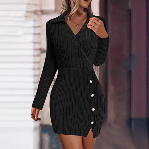 Damen Strickkleid mit V-Ausschnitt und Knopfdetails Drune