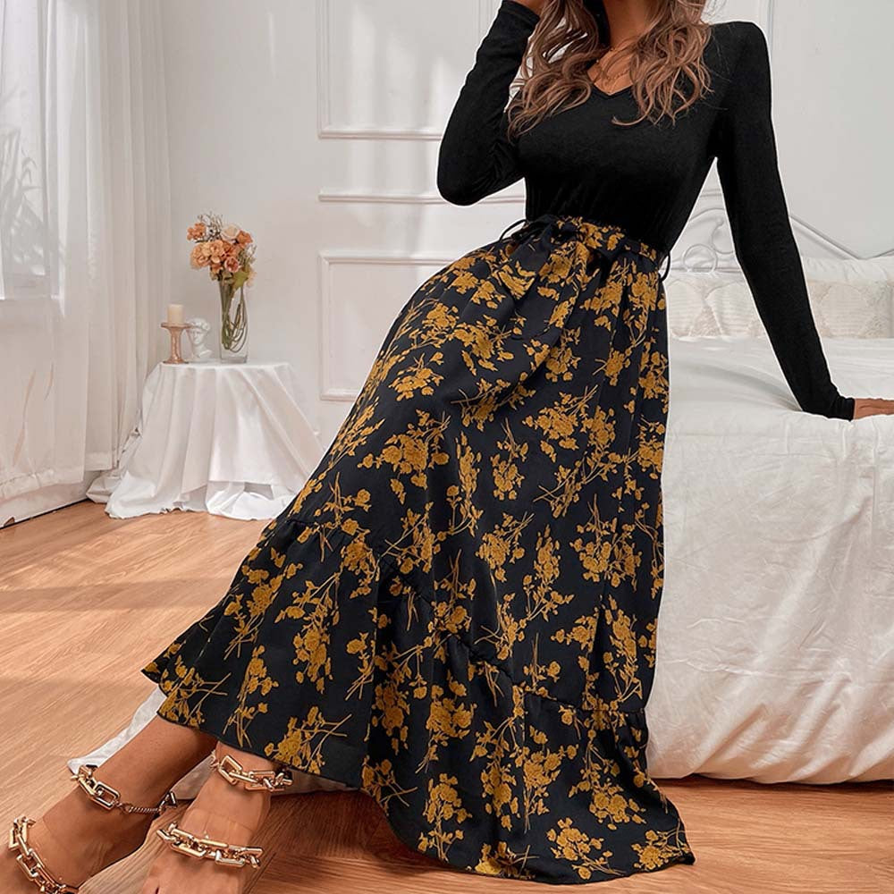 Damen figurbetontes V-Neck-Longsleeve Oberteil mit voluminösem Midi-Rock im floralem Wickelstil Drune
