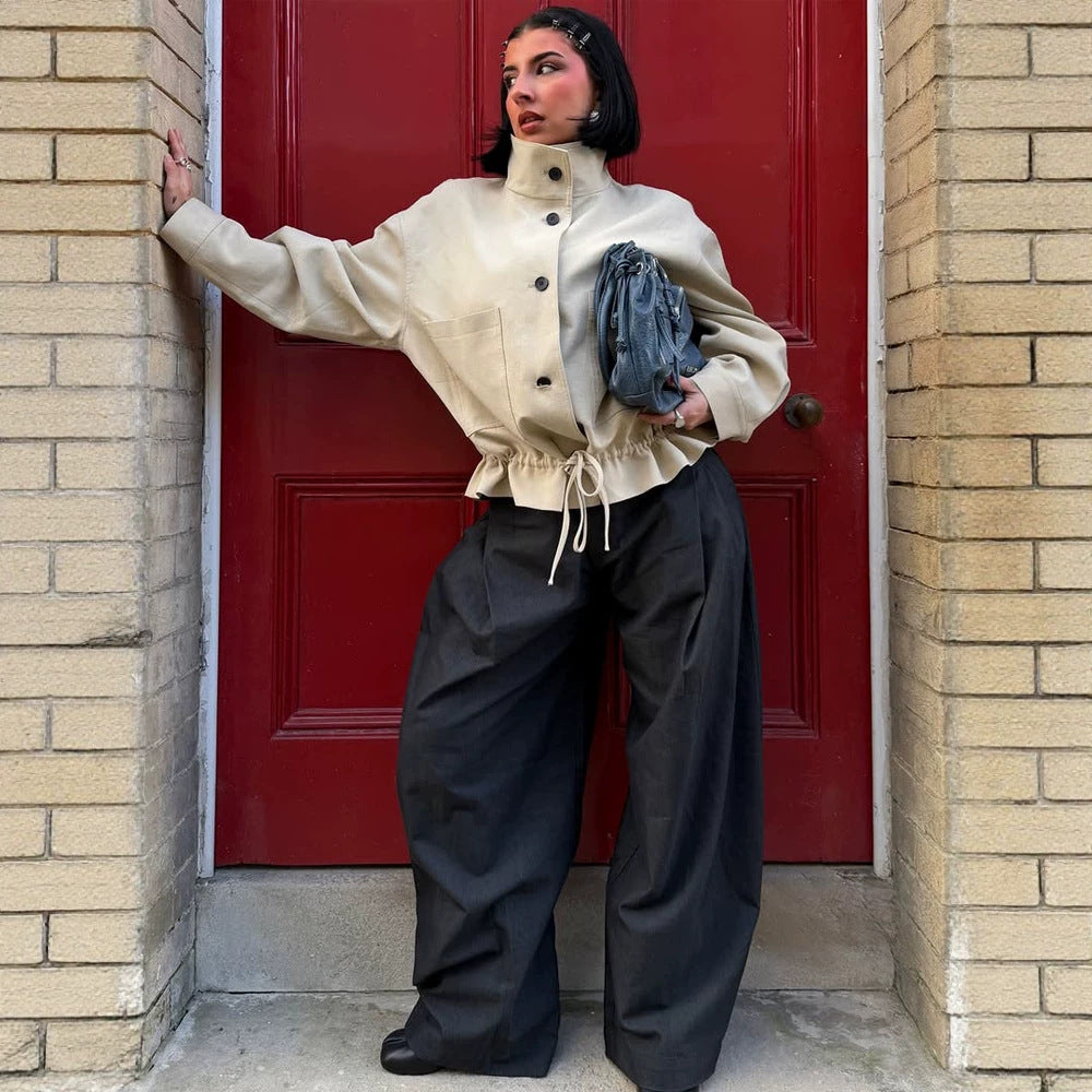 Damen Kurzgeschnittener Oversize-Canvas-Blouson mit Stehkragen Drune