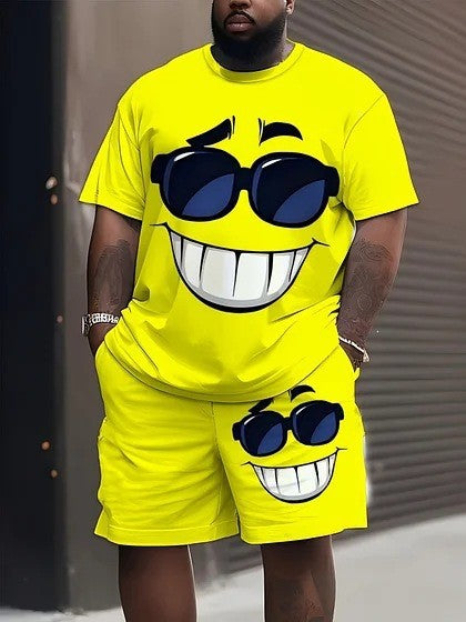Herren nan lässiges Freizeit-Zweiteiler-Set mit großflächigem Smiley-Sonnenbrillen-Print Drune