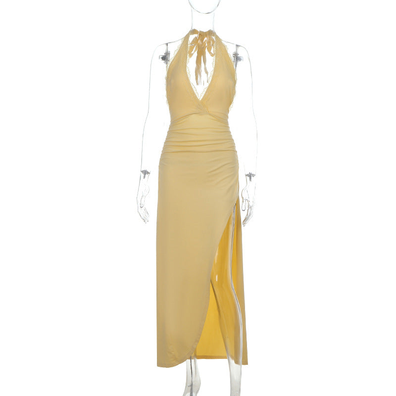 Damen Elegantes Sommermaxikleid mit Halterneck und seitlichem Schlitz Drune