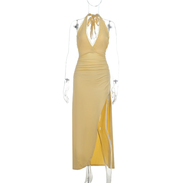 Damen Elegantes Sommermaxikleid mit Halterneck und seitlichem Schlitz Drune