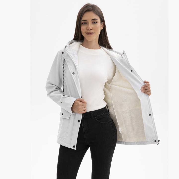 Damen nan wasserabweisender Parka mit Kapuze, fleecegefütterter Innenseite und großen Pattentaschen Drune