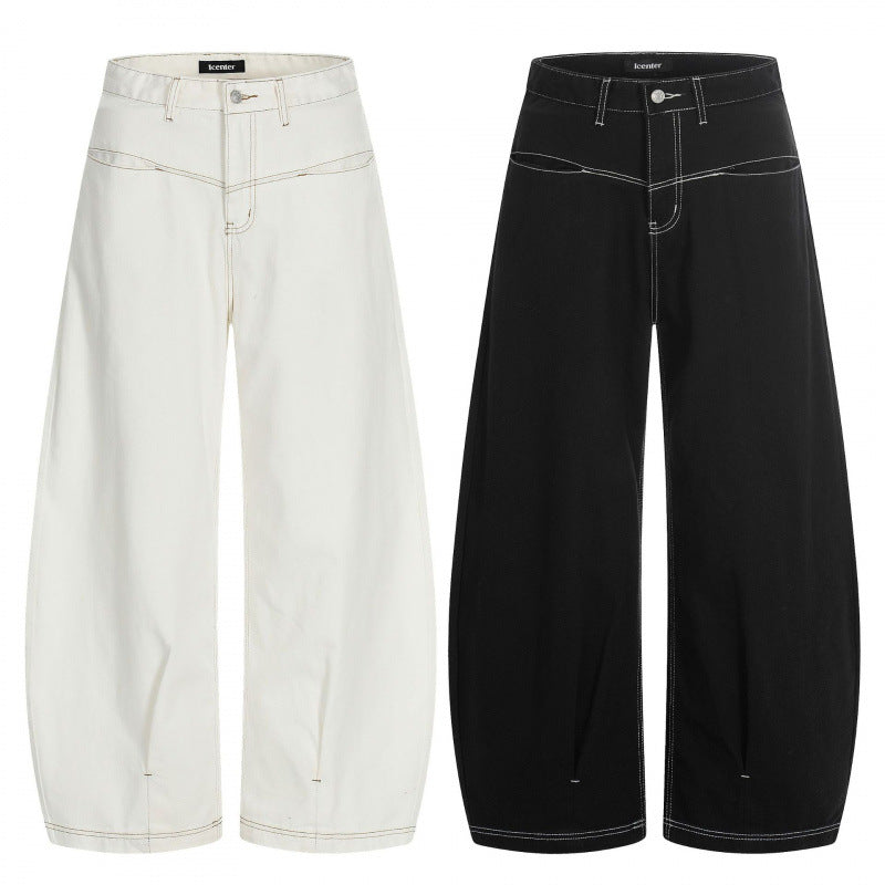 Damen Weite Cropped Ballon-Jeans mit hohem Bund und sichtbaren Kontrastnähten Drune