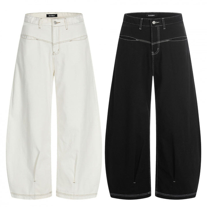 Damen Weite Cropped Ballon-Jeans mit hohem Bund und sichtbaren Kontrastnähten Drune