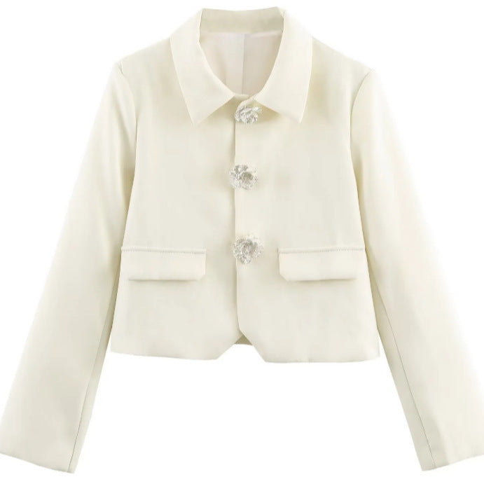 Damen Eleganter Cropped-Blazer mit floralen Strassknöpfen und Pattentaschen Drune