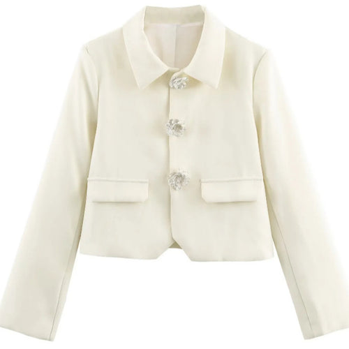 Damen Eleganter Cropped-Blazer mit floralen Strassknöpfen und Pattentaschen Drune