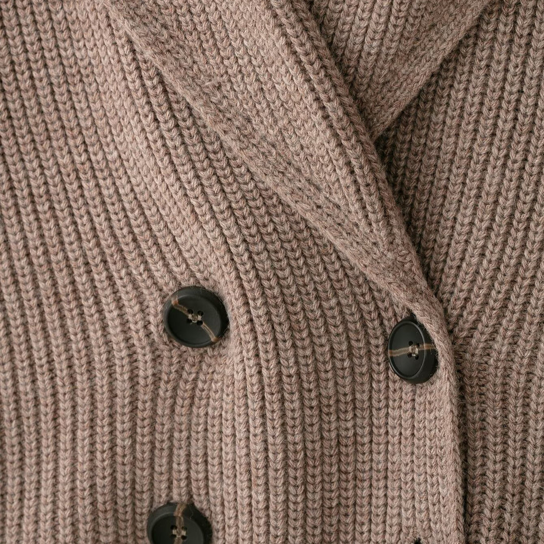 Damen Kurzgeschnittener Grobstrick-Cardigan mit Schalkragen und doppelreihiger Knopfleiste Drune
