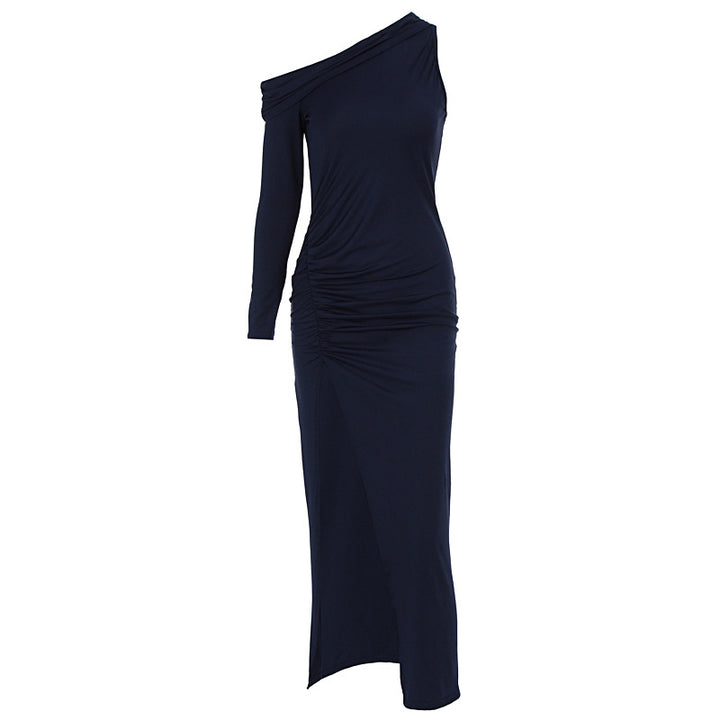 Damen figurbetontes Maxikleid mit asymmetrischem Ausschnitt und eleganten Rüschendetails Drune