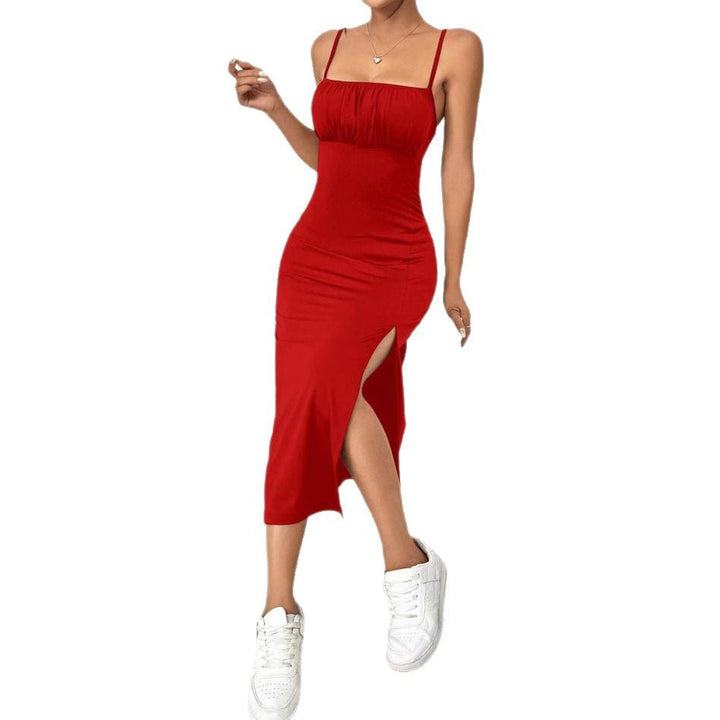 Damen elegantes Midikleid mit schmalem Schnitt und Schlitz Drune