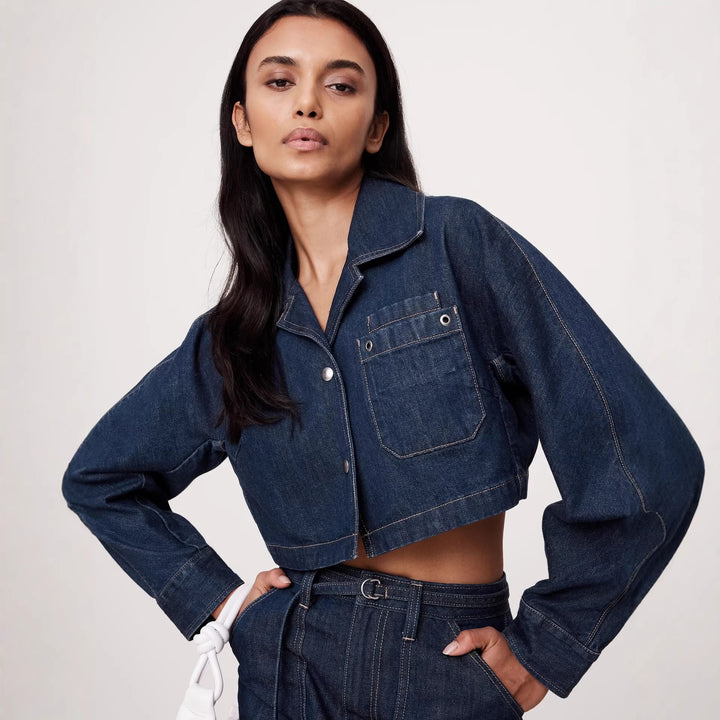 Damen nan Cropped-Denim-Zweiteiler mit kurzer Jeansjacke und tailliertem Minirock Drune