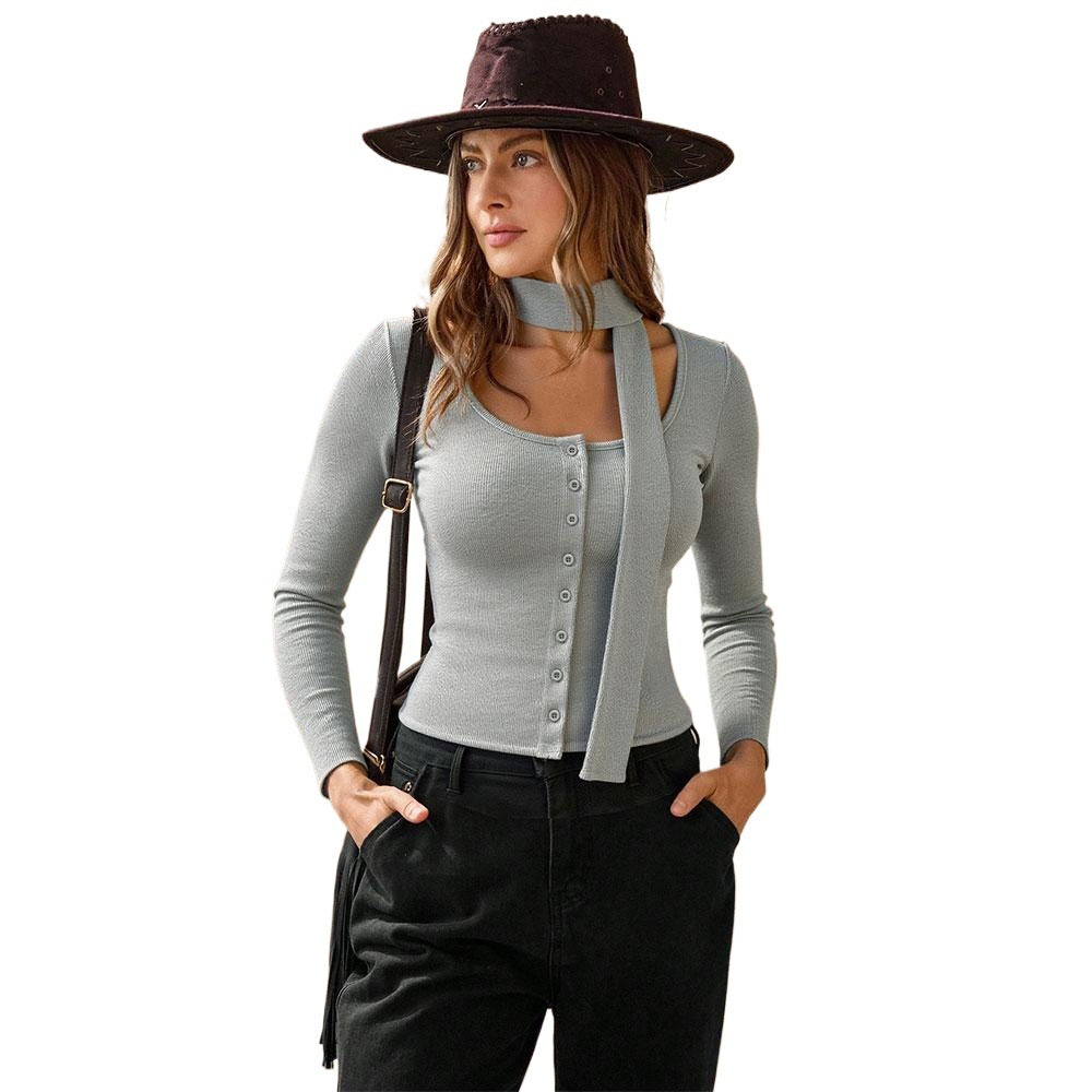 Damen geripptes Langarm-Cardigan-Top mit Knopfleiste, integrierter Schlauchschal und figurbetonter Passform Drune